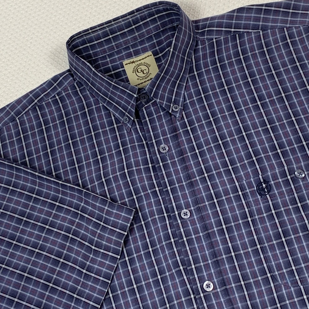 Gunnison Creek Outfitters Blue Plaid Shirt Mens XL Short Sleeve Button Up Flawed